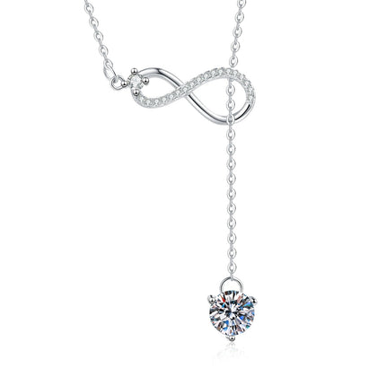Drop Moissanite Pendant Necklace with Cubic Zirconia in Platinum-Plated S925 Sterling Silver on clean white background showing the long drop pendant with a round moissanite suspended below a slim bar