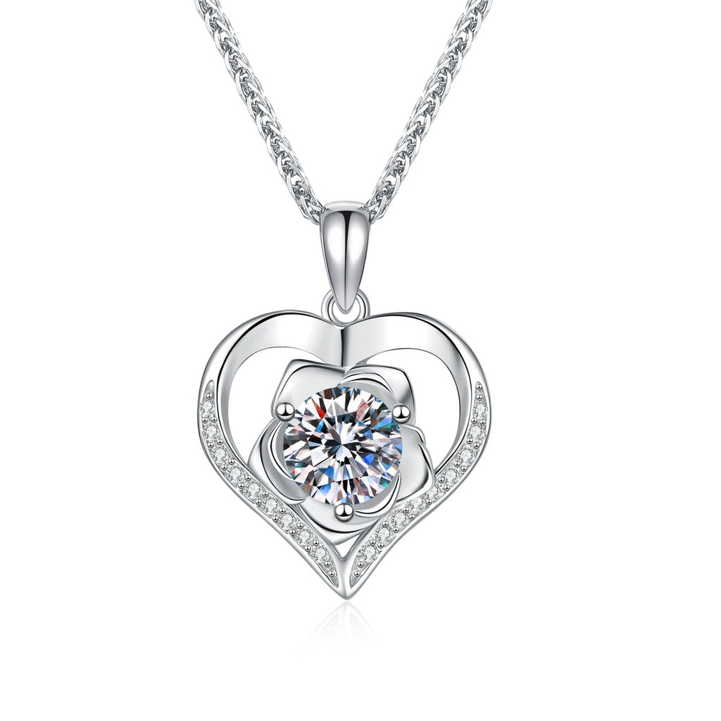 Heart Halo Moissanite Pendant Necklace with Cubic Zirconia in Platinum-Plated S925 Sterling Silver on clean white background showing the heart-shaped halo pendant with a round moissanite center