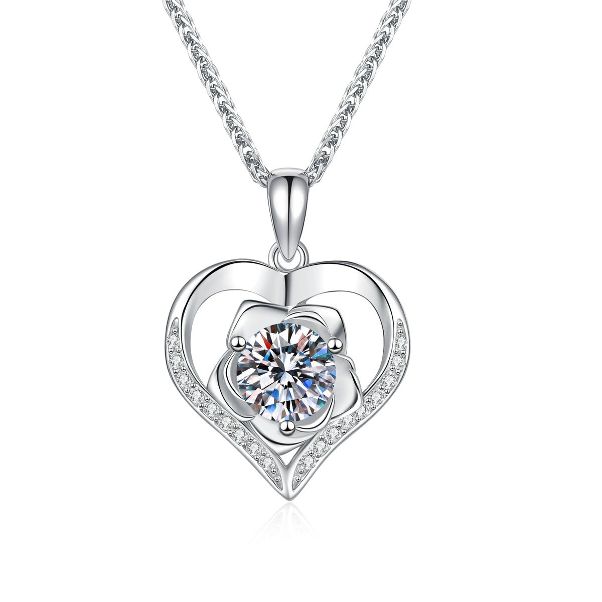 Heart Halo Moissanite Pendant Necklace with Cubic Zirconia in Platinum-Plated S925 Sterling Silver on clean white background showing the heart-shaped halo pendant with a round moissanite center