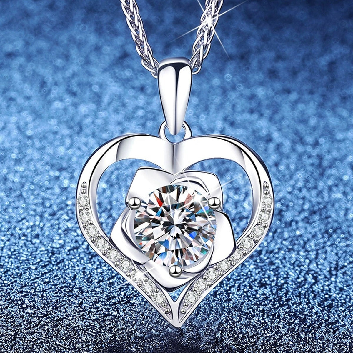 Heart Halo Moissanite Pendant Necklace with Cubic Zirconia in Platinum-Plated S925 Sterling Silver blue background product view