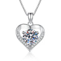 Heart Moissanite Pendant Necklace with Cubic Zirconia in Platinum-Plated S925 Sterling Silver on clean white background showing the heart pendant offered in multiple moissanite carat sizes