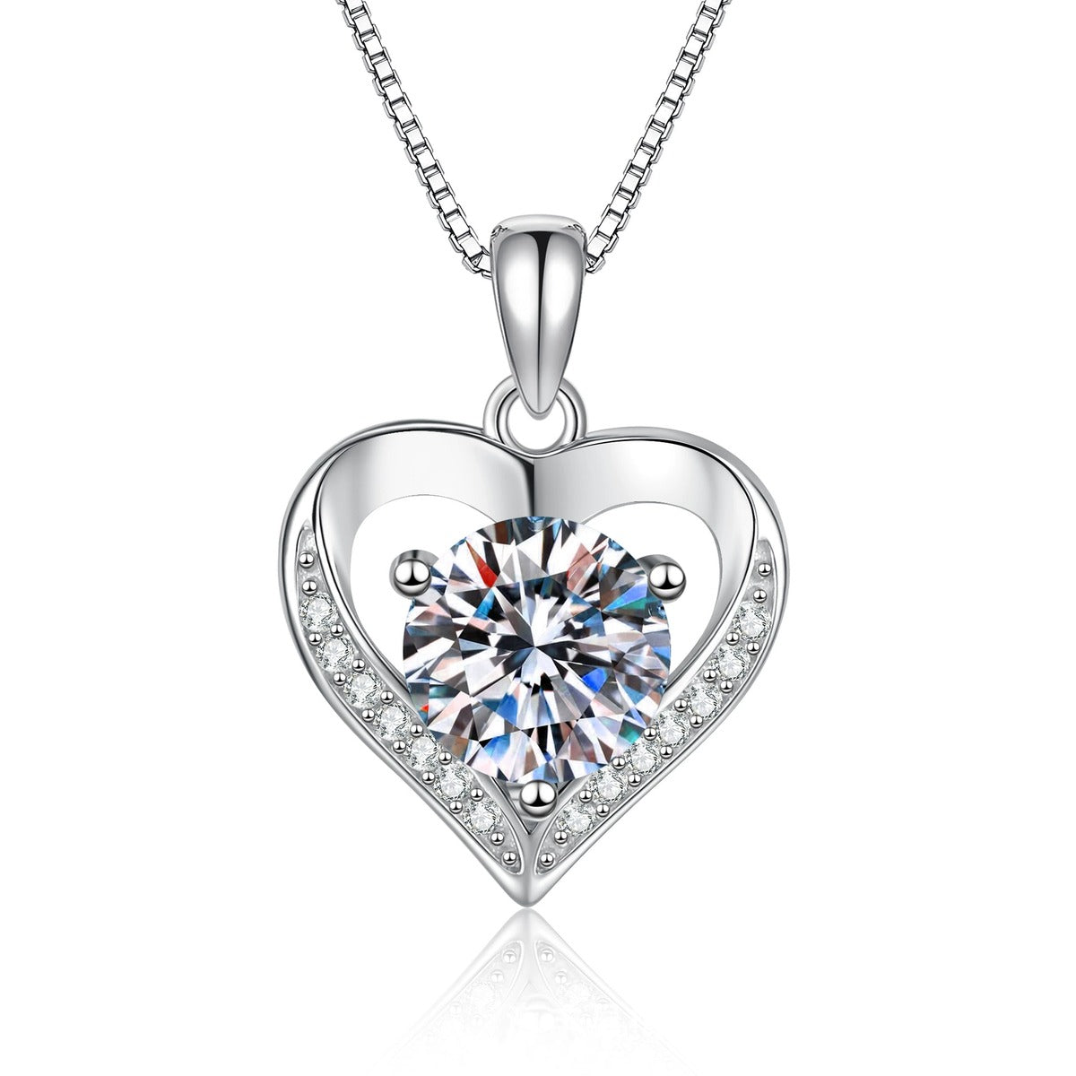 Heart Moissanite Pendant Necklace with Cubic Zirconia in Platinum-Plated S925 Sterling Silver on clean white background showing the heart pendant offered in multiple moissanite carat sizes