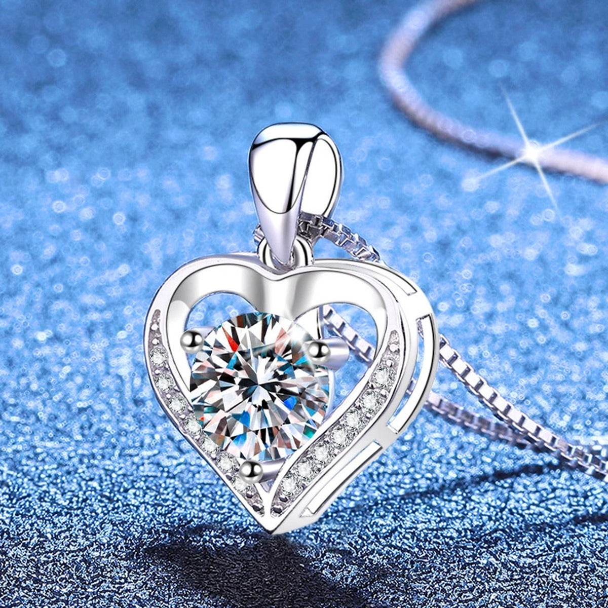Heart Moissanite Pendant Necklace with Cubic Zirconia in Platinum-Plated S925 Sterling Silver blue background product view