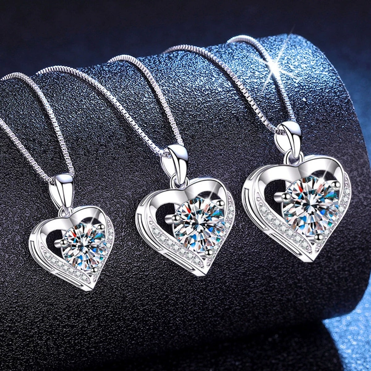 Heart Moissanite Pendant Necklace with Cubic Zirconia in Platinum-Plated S925 Sterling Silver dark background product display view