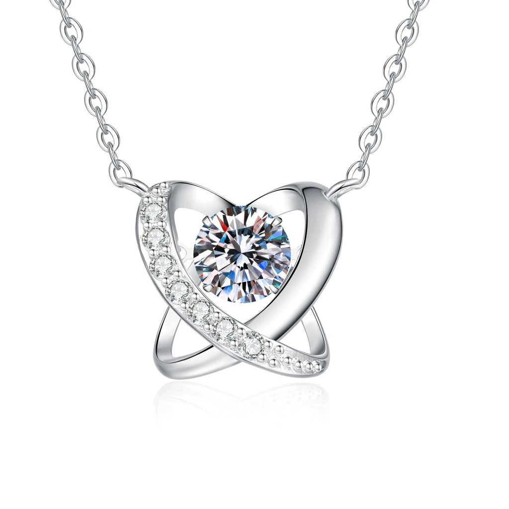 Swirl Halo Moissanite Pendant Necklace with Cubic Zirconia in Platinum-Plated S925 Sterling Silver on clean white background showing the swirled halo pendant circling a round moissanite