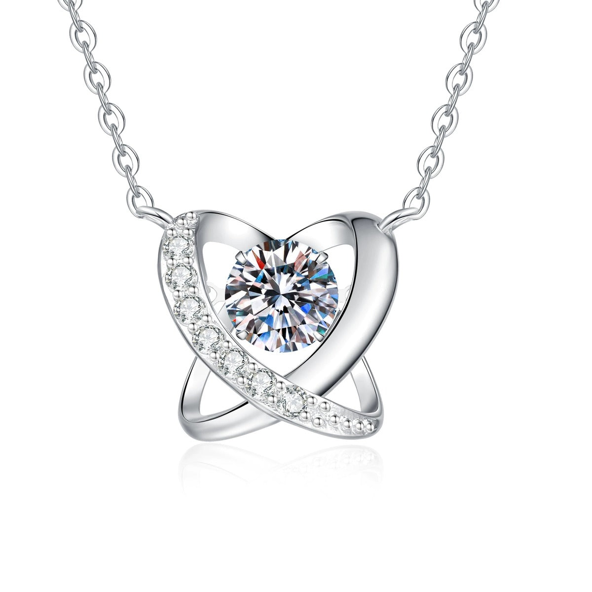 Swirl Halo Moissanite Pendant Necklace with Cubic Zirconia in Platinum-Plated S925 Sterling Silver on clean white background showing the swirled halo pendant circling a round moissanite