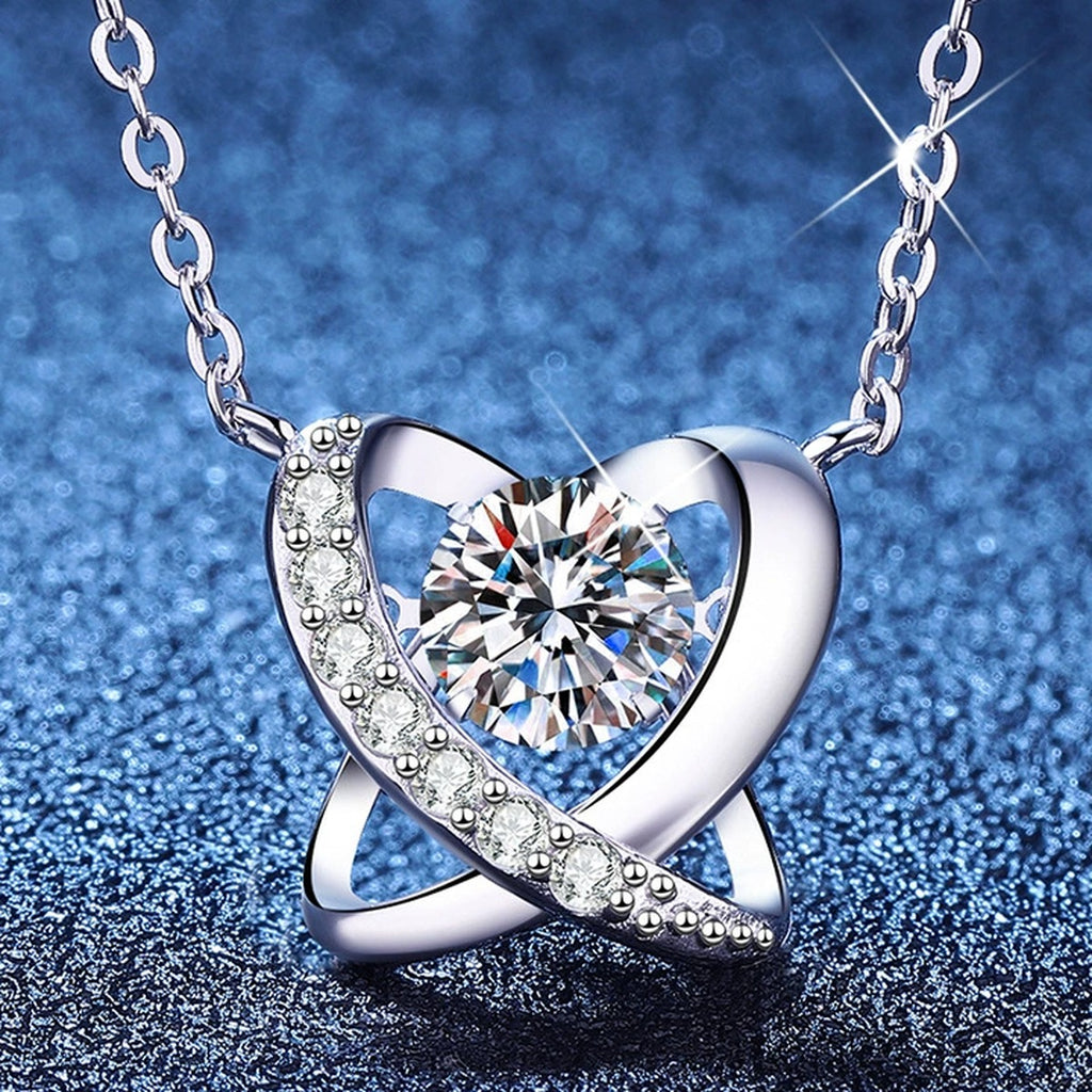 Swirl Halo Moissanite Pendant Necklace with Cubic Zirconia in Platinum-Plated S925 Sterling Silver blue background product view