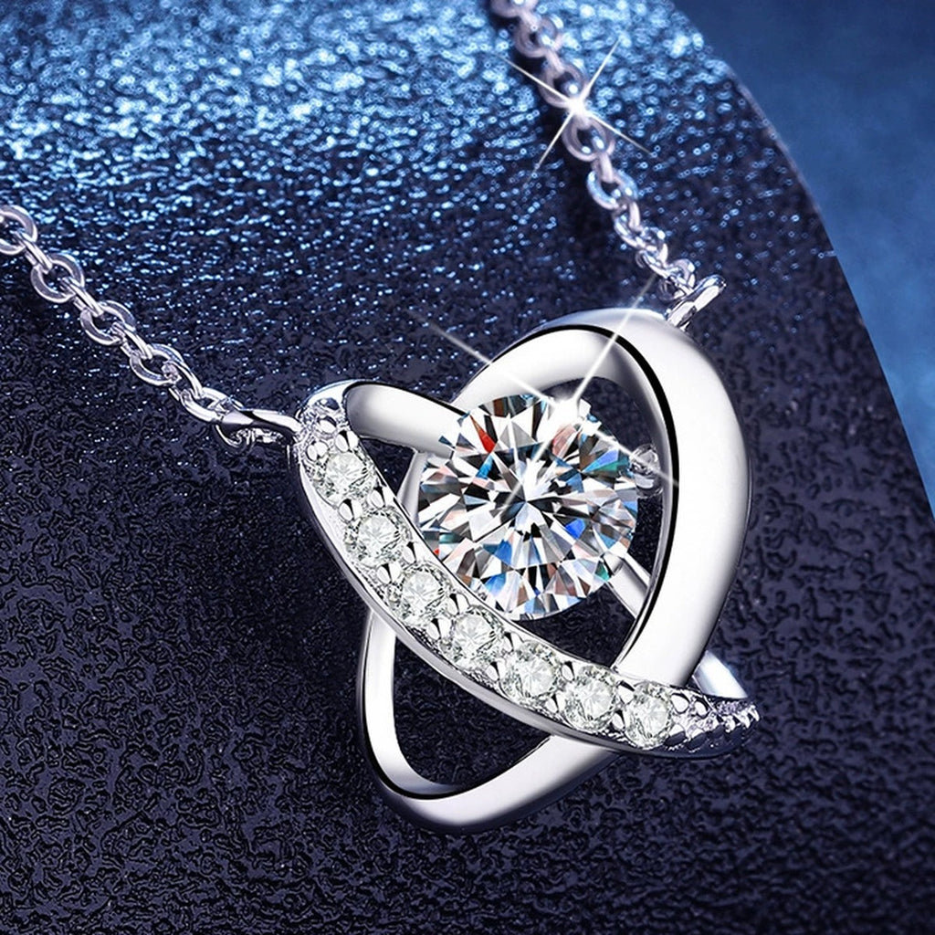 Swirl Halo Moissanite Pendant Necklace with Cubic Zirconia in Platinum-Plated S925 Sterling Silver blue background angled view