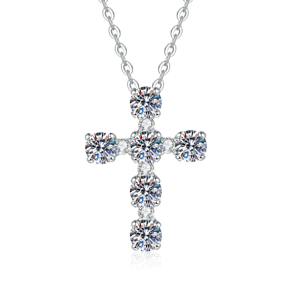 Cross Moissanite Pendant Necklace with Cubic Zirconia in Platinum-Plated S925 Sterling Silver on clean white background showing the slim cross pendant with moissanite sparkle along the vertical and horizontal arms