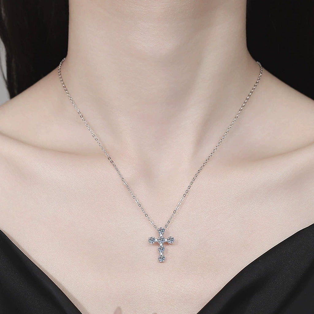 Cross Moissanite Pendant Necklace with Cubic Zirconia in Platinum-Plated S925 Sterling Silver worn on neckline by model