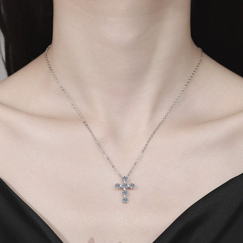 Cross Moissanite Pendant Necklace with Cubic Zirconia in Platinum-Plated S925 Sterling Silver worn on neckline by model