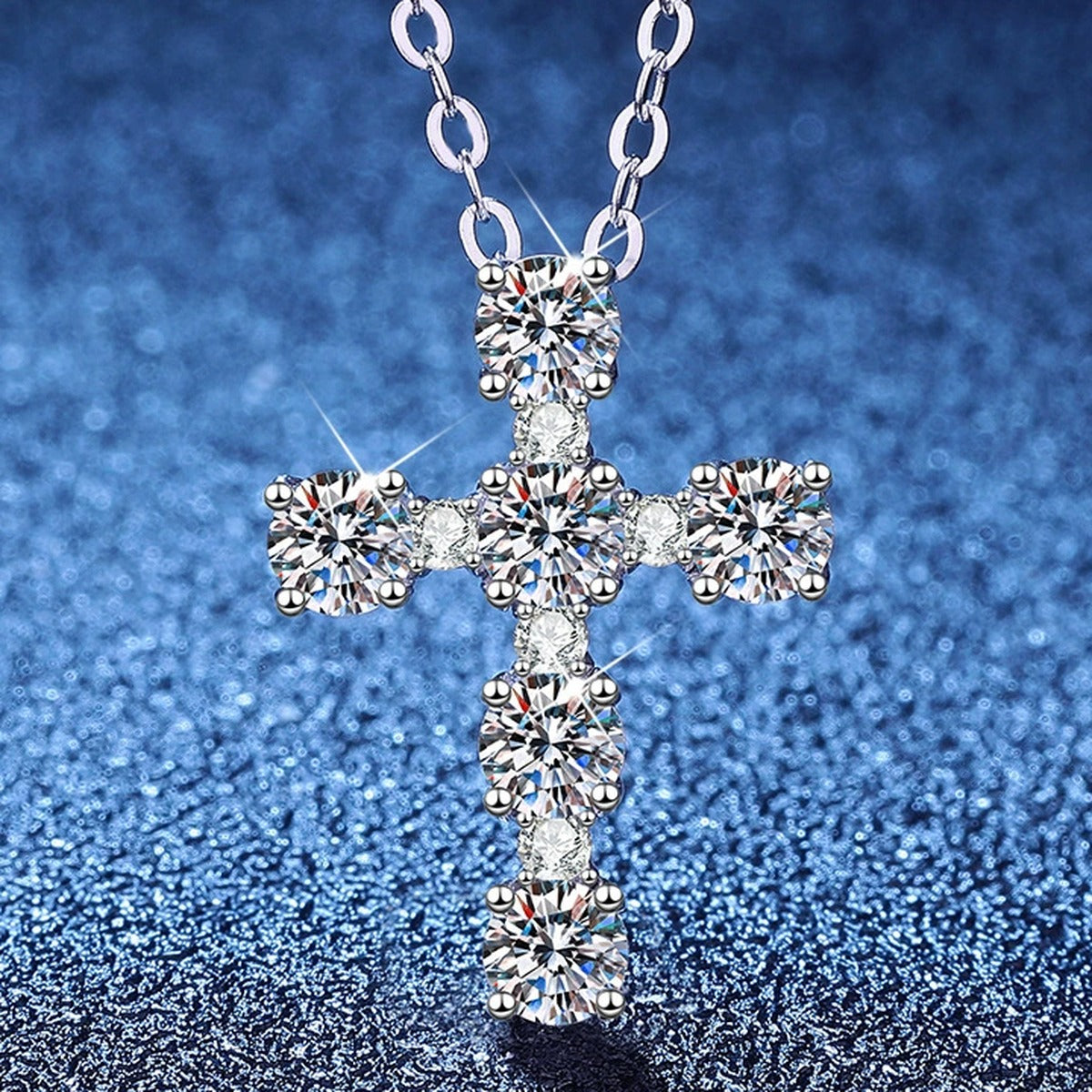 Cross Moissanite Pendant Necklace with Cubic Zirconia in Platinum-Plated S925 Sterling Silver blue background product view