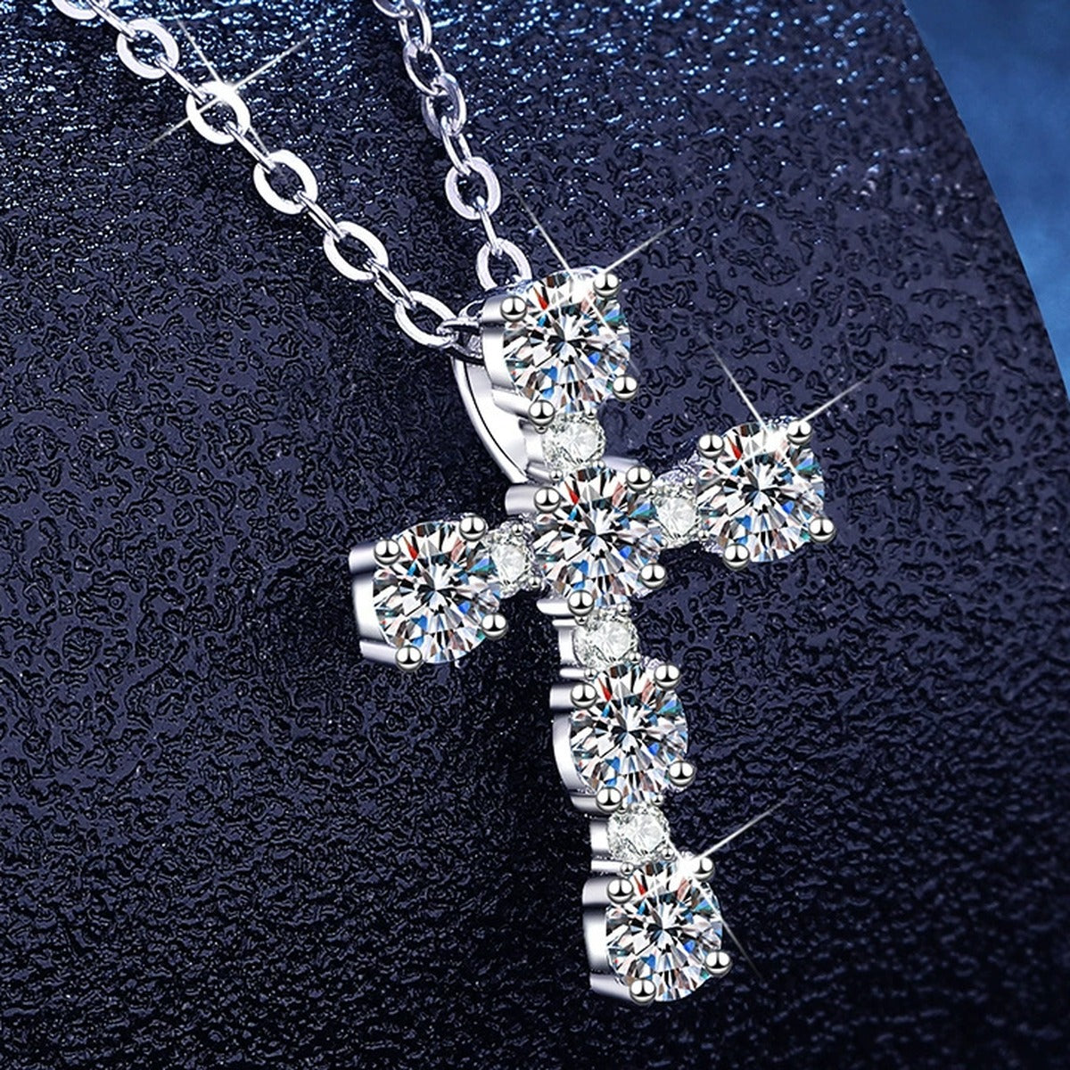 Cross Moissanite Pendant Necklace with Cubic Zirconia in Platinum-Plated S925 Sterling Silver dark background product display view