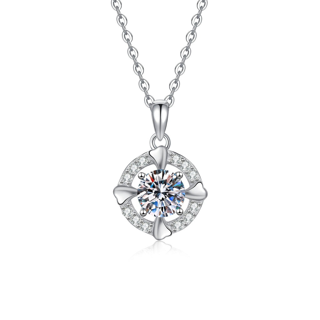 Round Halo Moissanite Pendant Necklace with Cubic Zirconia in Platinum-Plated S925 Sterling Silver on clean white background showing the round halo pendant with a bright moissanite center