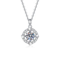 Round Halo Moissanite Pendant Necklace with Cubic Zirconia in Platinum-Plated S925 Sterling Silver on clean white background showing the round halo pendant with a bright moissanite center
