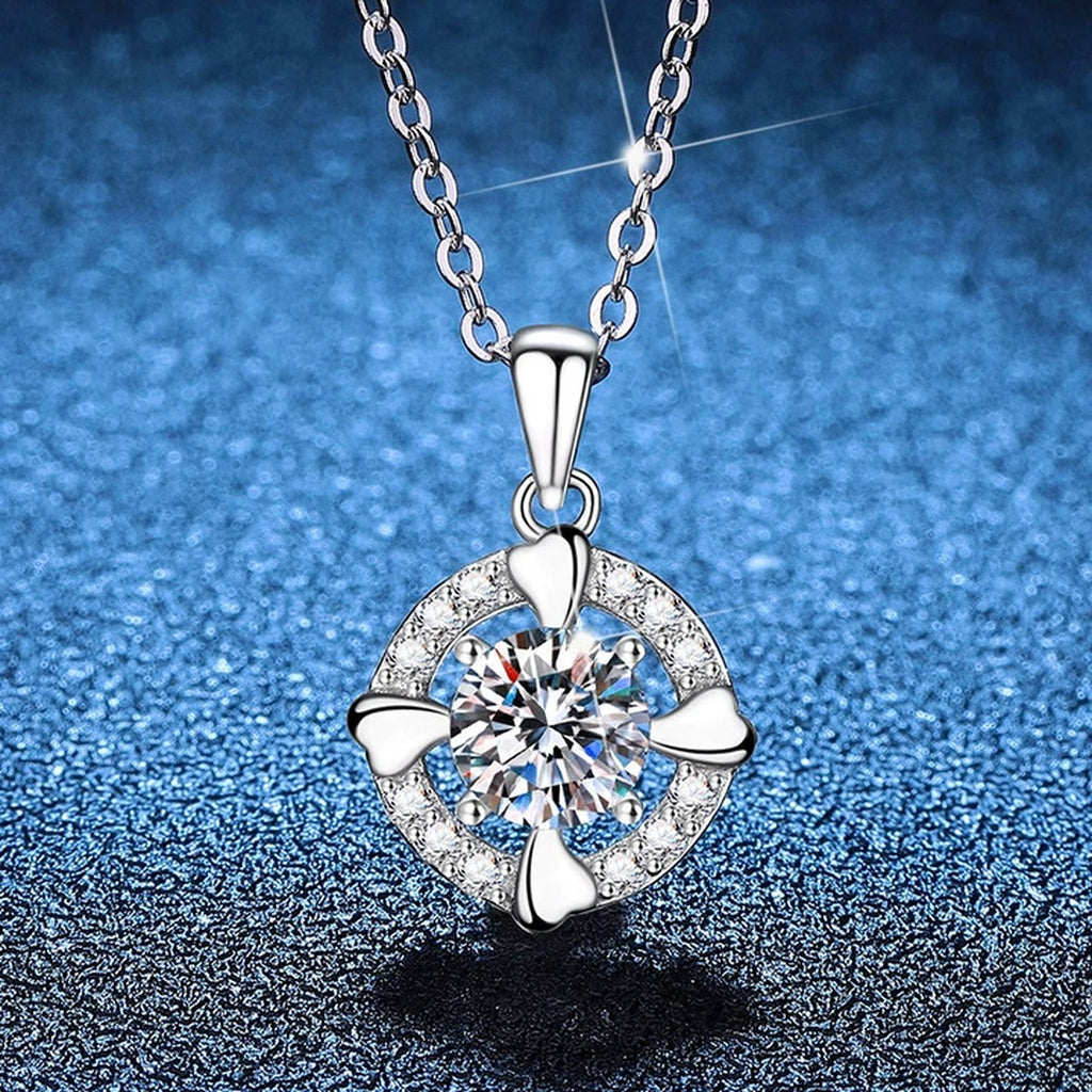 Round Halo Moissanite Pendant Necklace with Cubic Zirconia in Platinum-Plated S925 Sterling Silver blue background product view