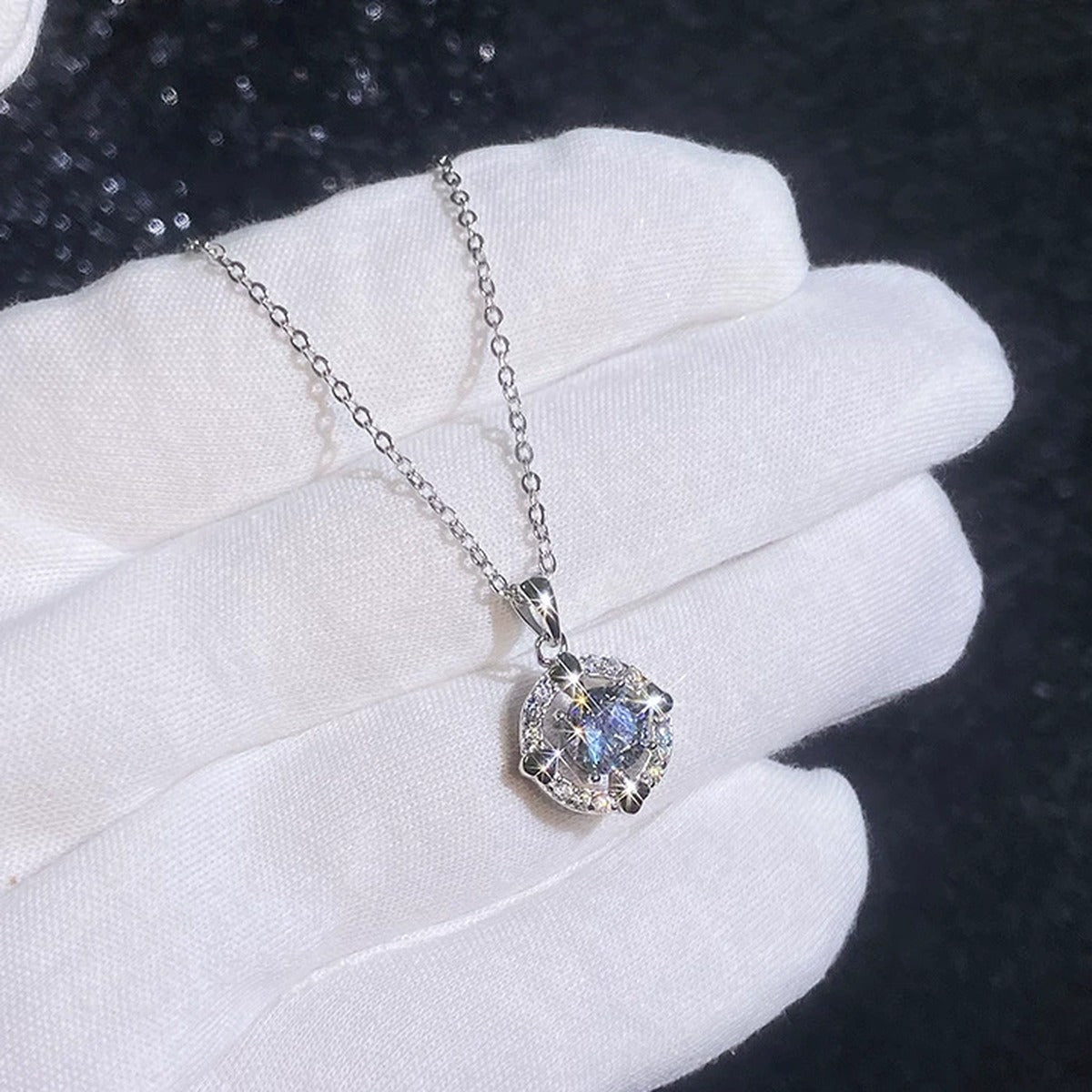 Round Halo Moissanite Pendant Necklace with Cubic Zirconia in Platinum-Plated S925 Sterling Silver dark background product display view