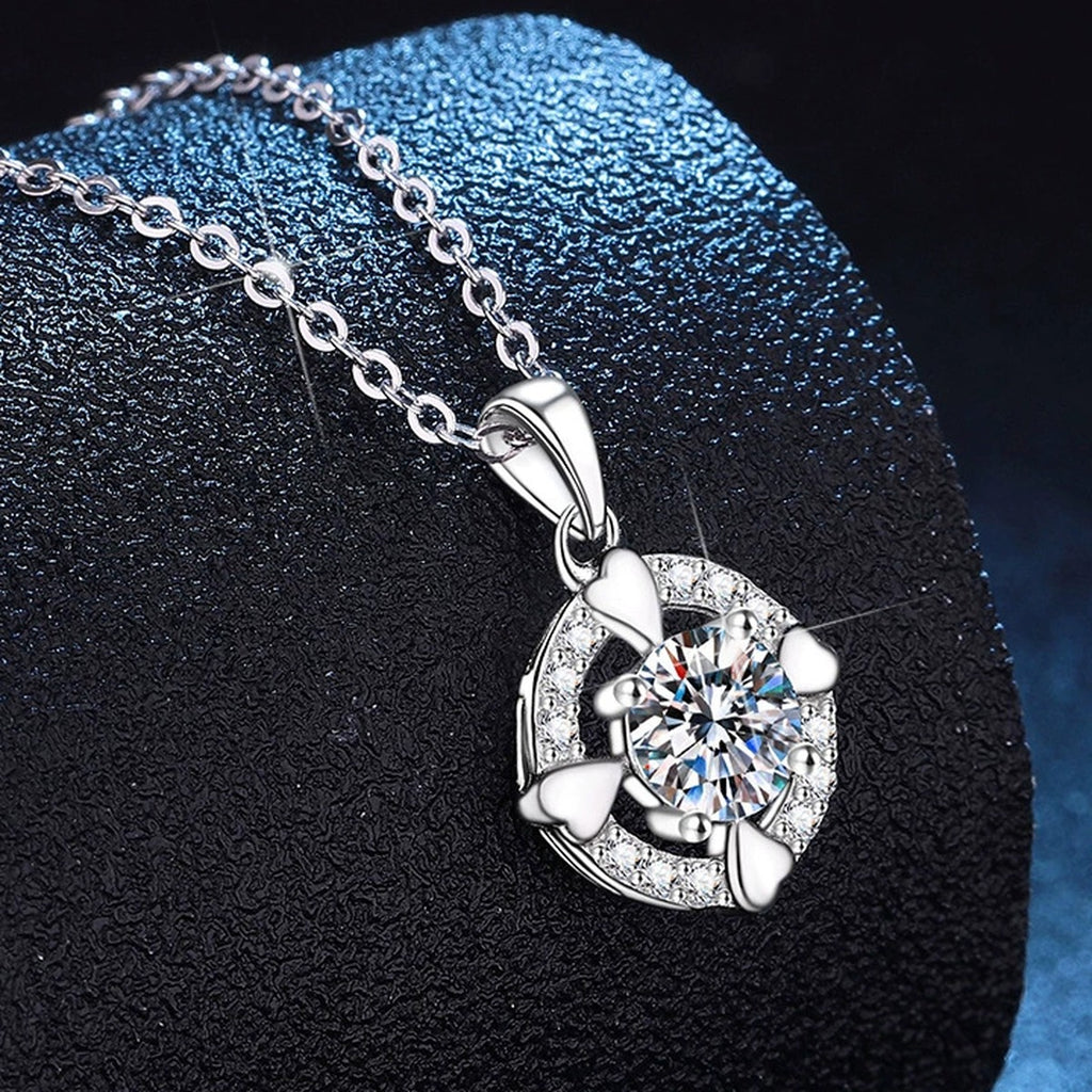 Round Halo Moissanite Pendant Necklace with Cubic Zirconia in Platinum-Plated S925 Sterling Silver dark background product display view