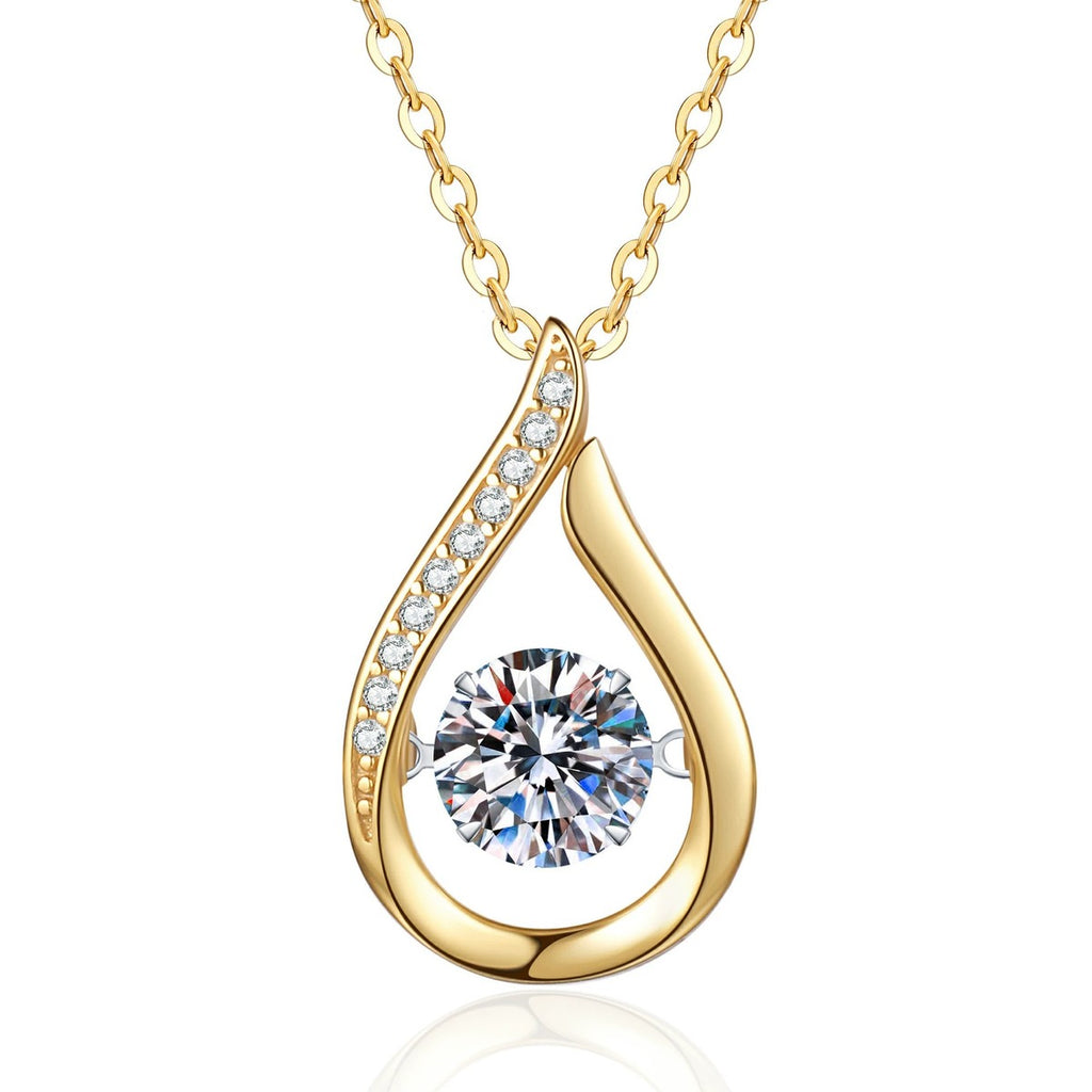 Teardrop Moissanite Pendant Necklace with Cubic Zirconia in 18K Yellow Gold-Plated S925 Sterling Silver on clean white background showing the yellow gold teardrop pendant framing a round moissanite