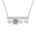 Pearl Moissanite Bar Necklace with Cubic Zirconia in Platinum-Plated S925 Sterling Silver on clean white background showing the horizontal bar necklace with pearl accents and a centered moissanite