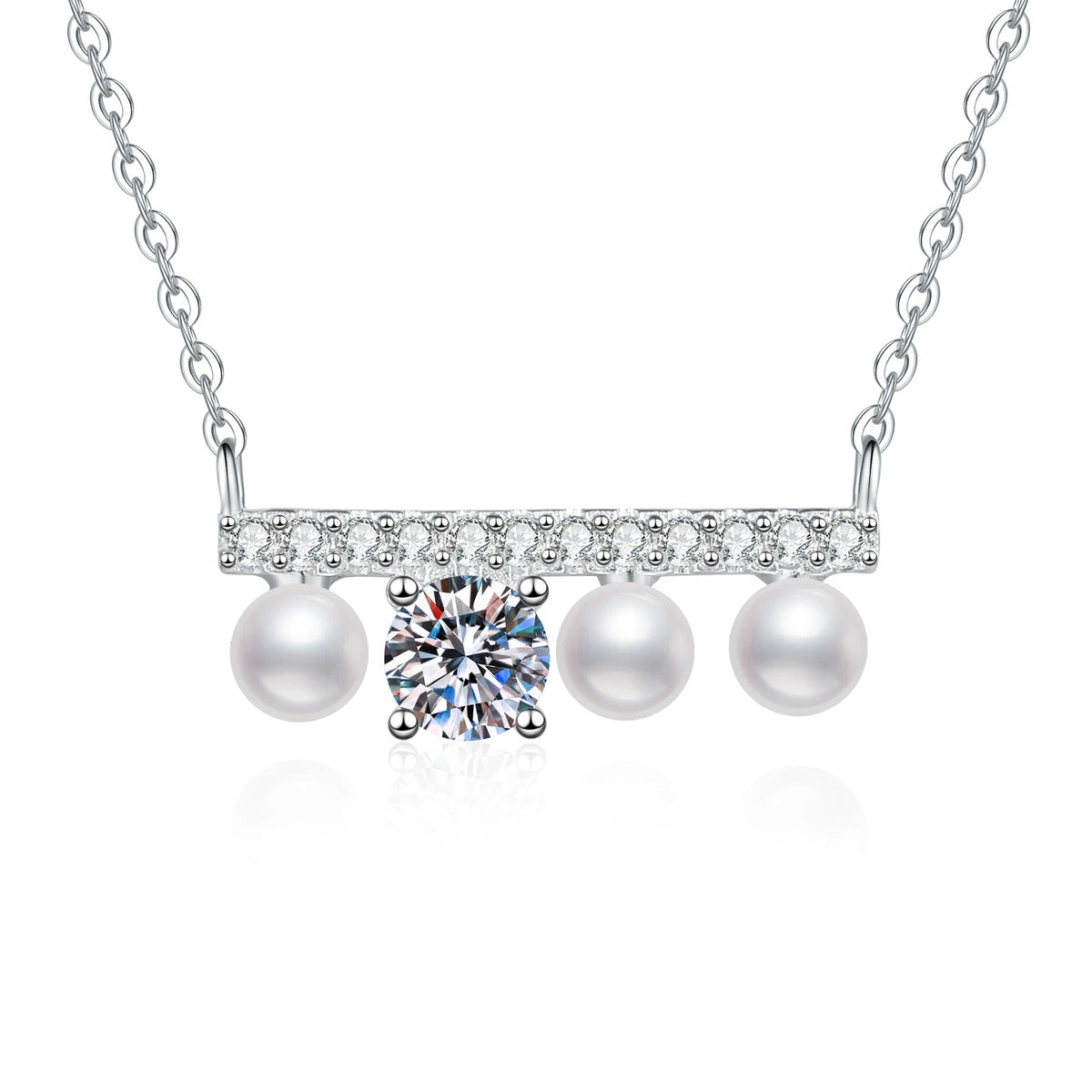 Pearl Moissanite Bar Necklace with Cubic Zirconia in Platinum-Plated S925 Sterling Silver on clean white background showing the horizontal bar necklace with pearl accents and a centered moissanite