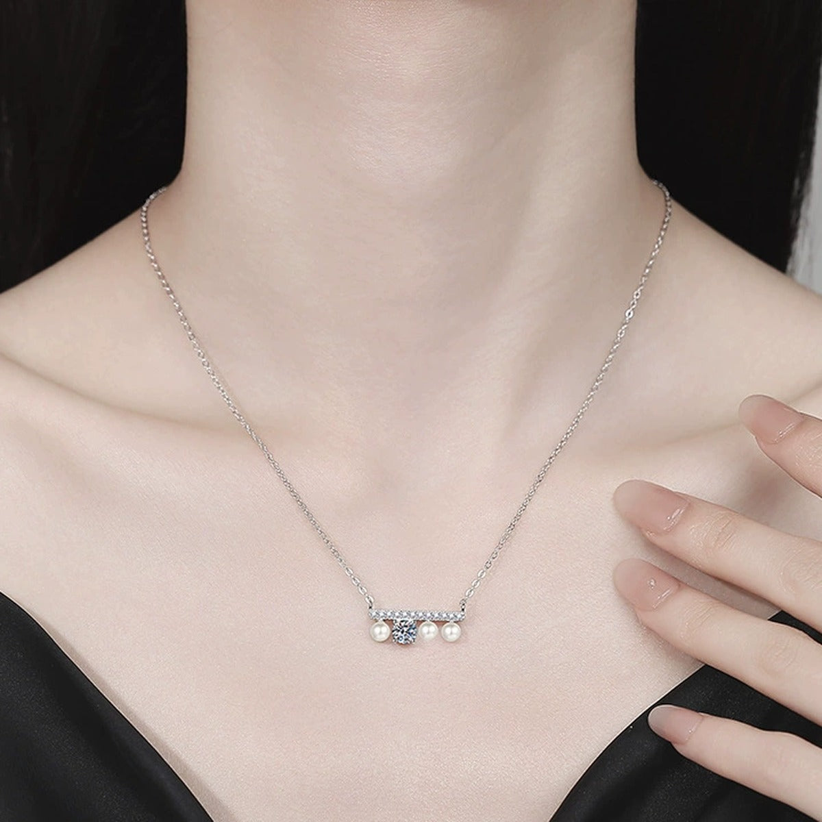 Pearl Moissanite Bar Necklace with Cubic Zirconia in Platinum-Plated S925 Sterling Silver worn on neckline by model