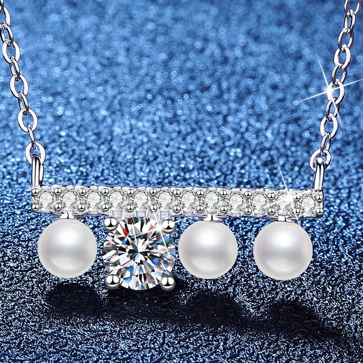 Pearl Moissanite Bar Necklace with Cubic Zirconia in Platinum-Plated S925 Sterling Silver blue background product view