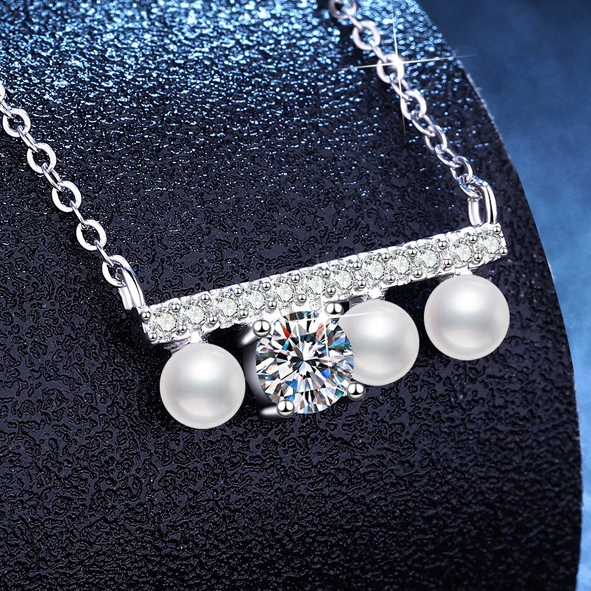 Pearl Moissanite Bar Necklace with Cubic Zirconia in Platinum-Plated S925 Sterling Silver dark background product display view