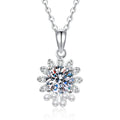 Snowflake Moissanite Pendant Necklace with Cubic Zirconia in Platinum-Plated S925 Sterling Silver on clean white background showing the snowflake-inspired pendant with a round moissanite center and pearl detail