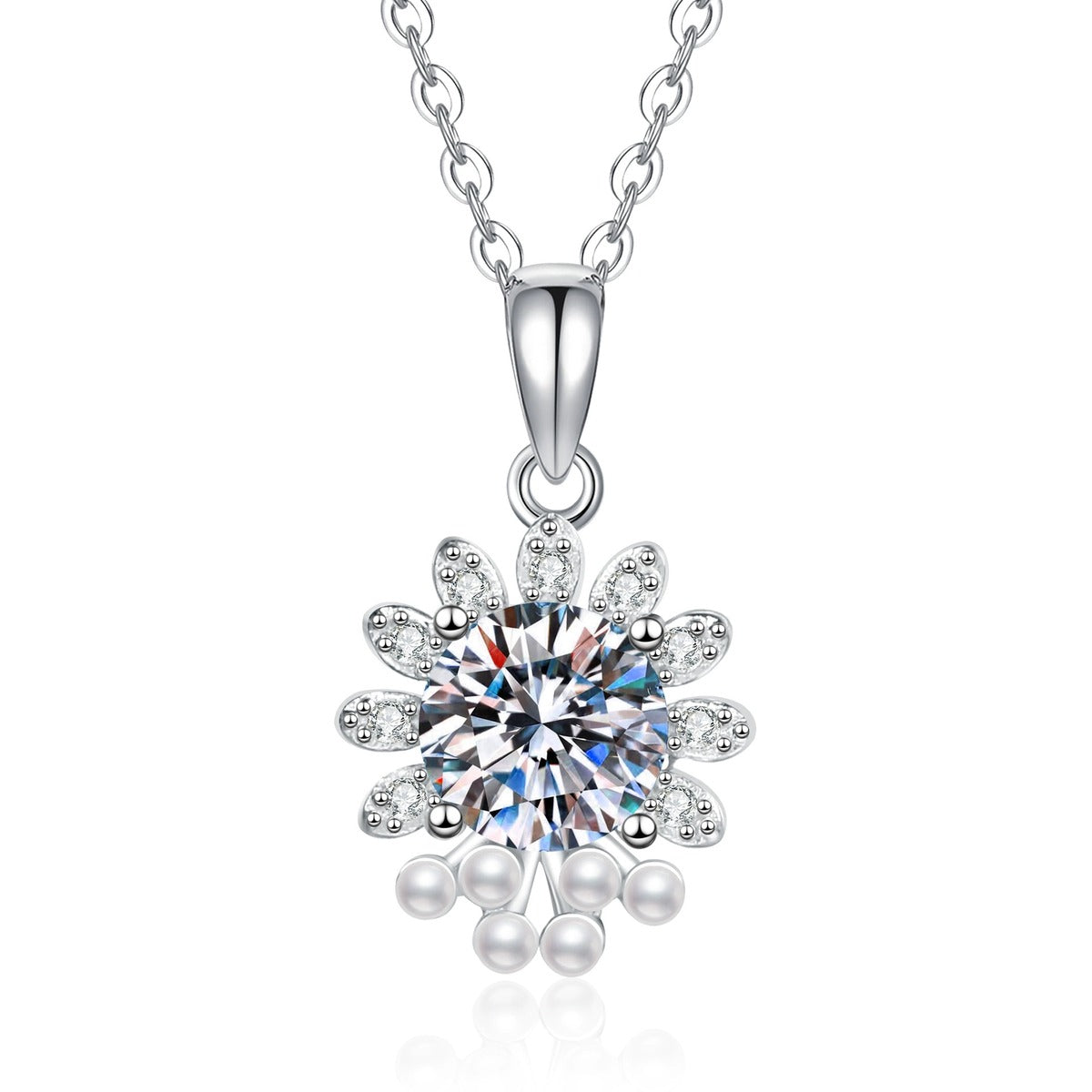 Snowflake Moissanite Pendant Necklace with Cubic Zirconia in Platinum-Plated S925 Sterling Silver on clean white background showing the snowflake-inspired pendant with a round moissanite center and pearl detail