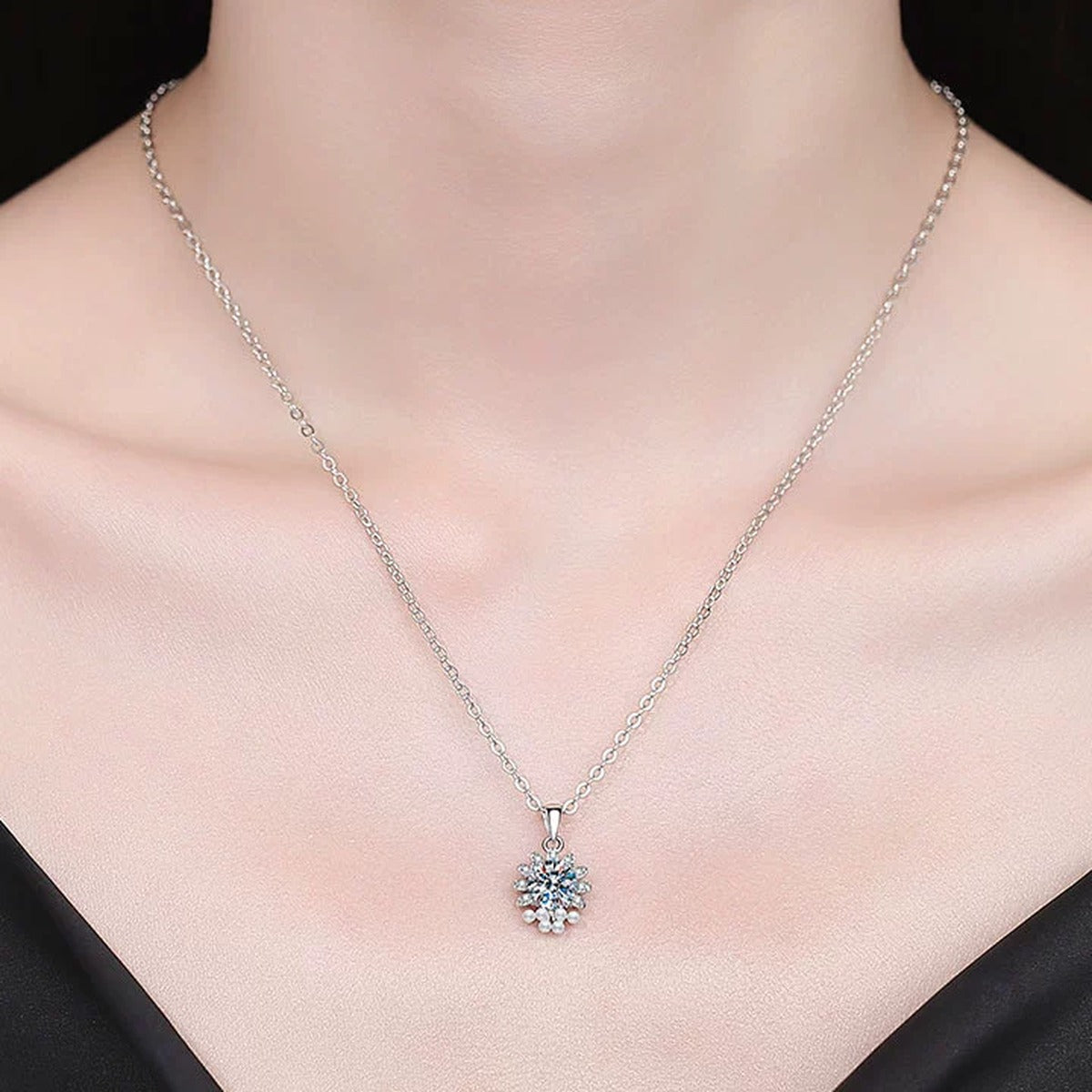 Snowflake Moissanite Pendant Necklace with Cubic Zirconia in Platinum-Plated S925 Sterling Silver worn on neckline by model