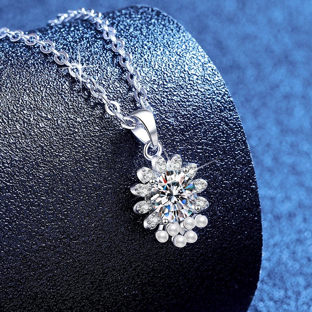 Snowflake Moissanite Pendant Necklace with Cubic Zirconia in Platinum-Plated S925 Sterling Silver blue background product view