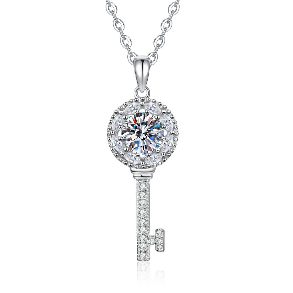 Teardrop Halo Moissanite Pendant Necklace with Cubic Zirconia in Platinum-Plated S925 Sterling Silver on clean white background showing the elongated teardrop halo pendant with a round moissanite center
