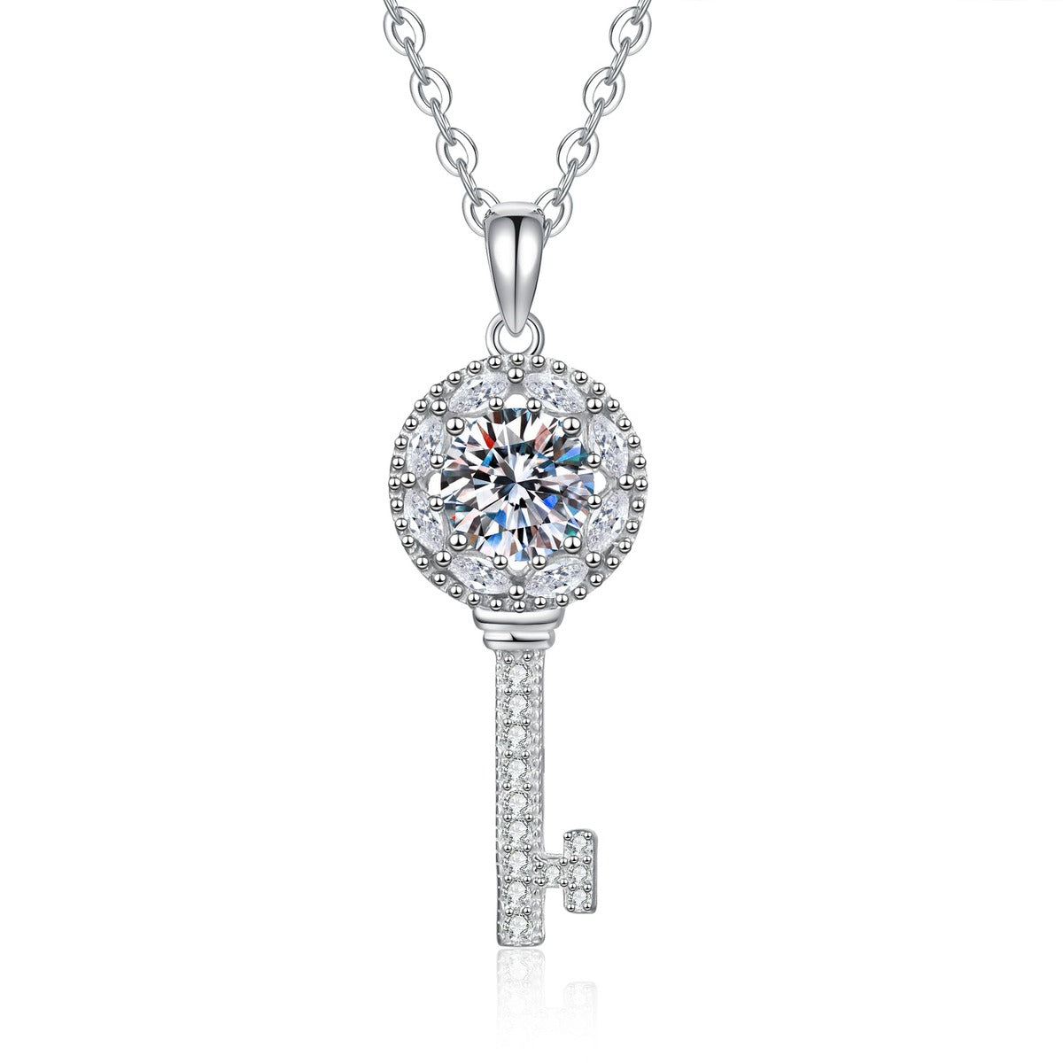 Teardrop Halo Moissanite Pendant Necklace with Cubic Zirconia in Platinum-Plated S925 Sterling Silver on clean white background showing the elongated teardrop halo pendant with a round moissanite center