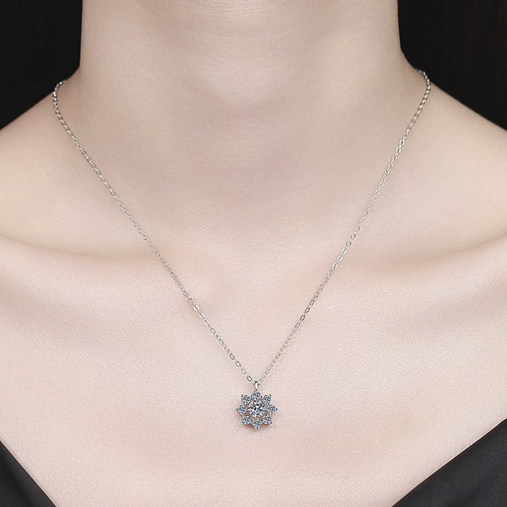 Knot Moissanite Pendant Necklace with Cubic Zirconia in Platinum-Plated S925 Sterling Silver worn on neckline by model