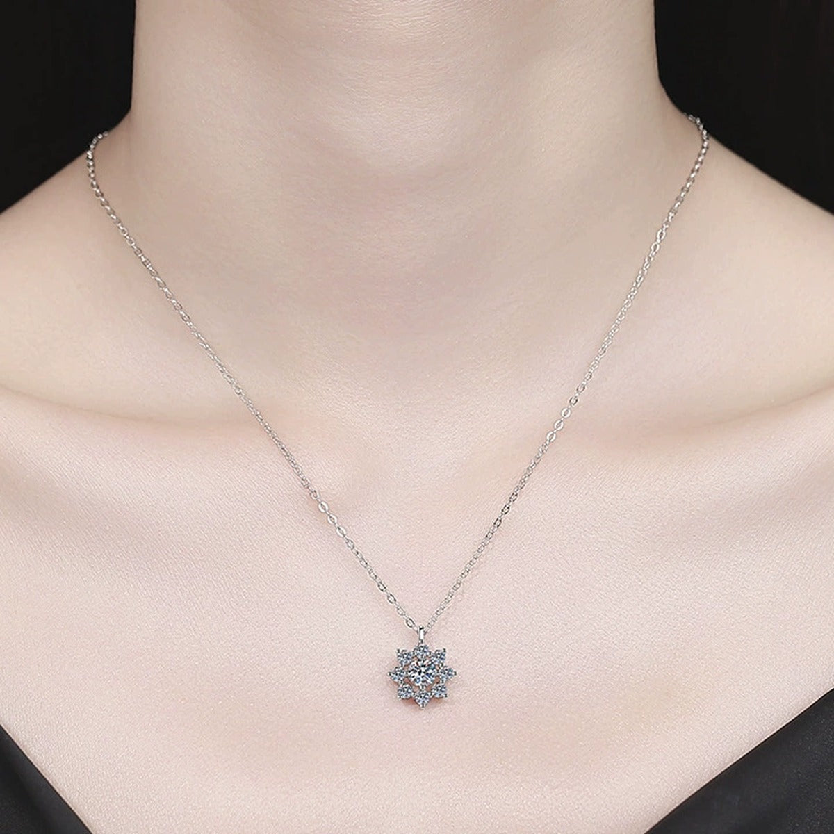 Knot Moissanite Pendant Necklace with Cubic Zirconia in Platinum-Plated S925 Sterling Silver worn on neckline by model