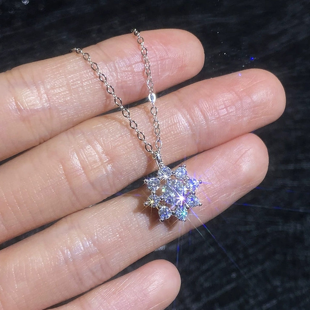 Knot Moissanite Pendant Necklace with Cubic Zirconia in Platinum-Plated S925 Sterling Silver worn on neckline by model