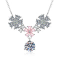 Floral Moissanite Pendant Necklace with Pink Cubic Zirconia in Platinum-Plated S925 Sterling Silver on clean white background showing the floral statement pendant with a pink center accent and moissanite drop