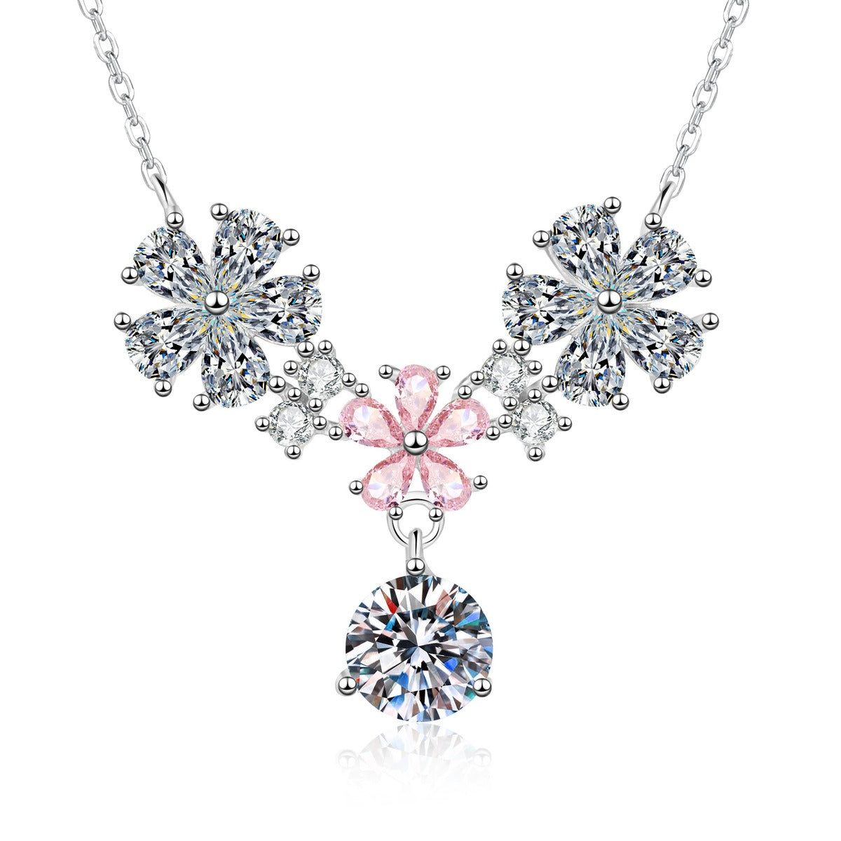Floral Moissanite Pendant Necklace with Pink Cubic Zirconia in Platinum-Plated S925 Sterling Silver on clean white background showing the floral statement pendant with a pink center accent and moissanite drop
