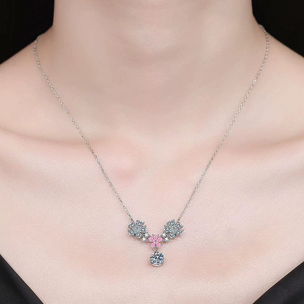 Floral Moissanite Pendant Necklace with Pink Cubic Zirconia in Platinum-Plated S925 Sterling Silver worn on neckline by model