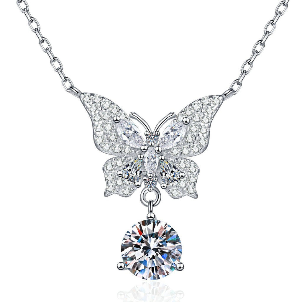 Butterfly Moissanite Pendant Necklace with Cubic Zirconia in Platinum-Plated S925 Sterling Silver on clean white background showing the butterfly pendant with pavé wings and a dangling round moissanite