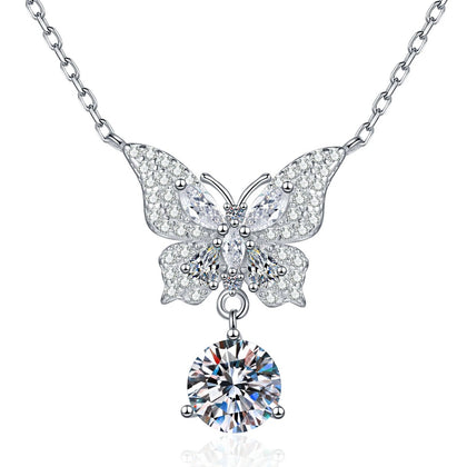 Butterfly Moissanite Pendant Necklace with Cubic Zirconia in Platinum-Plated S925 Sterling Silver on clean white background showing the butterfly pendant with pavé wings and a dangling round moissanite