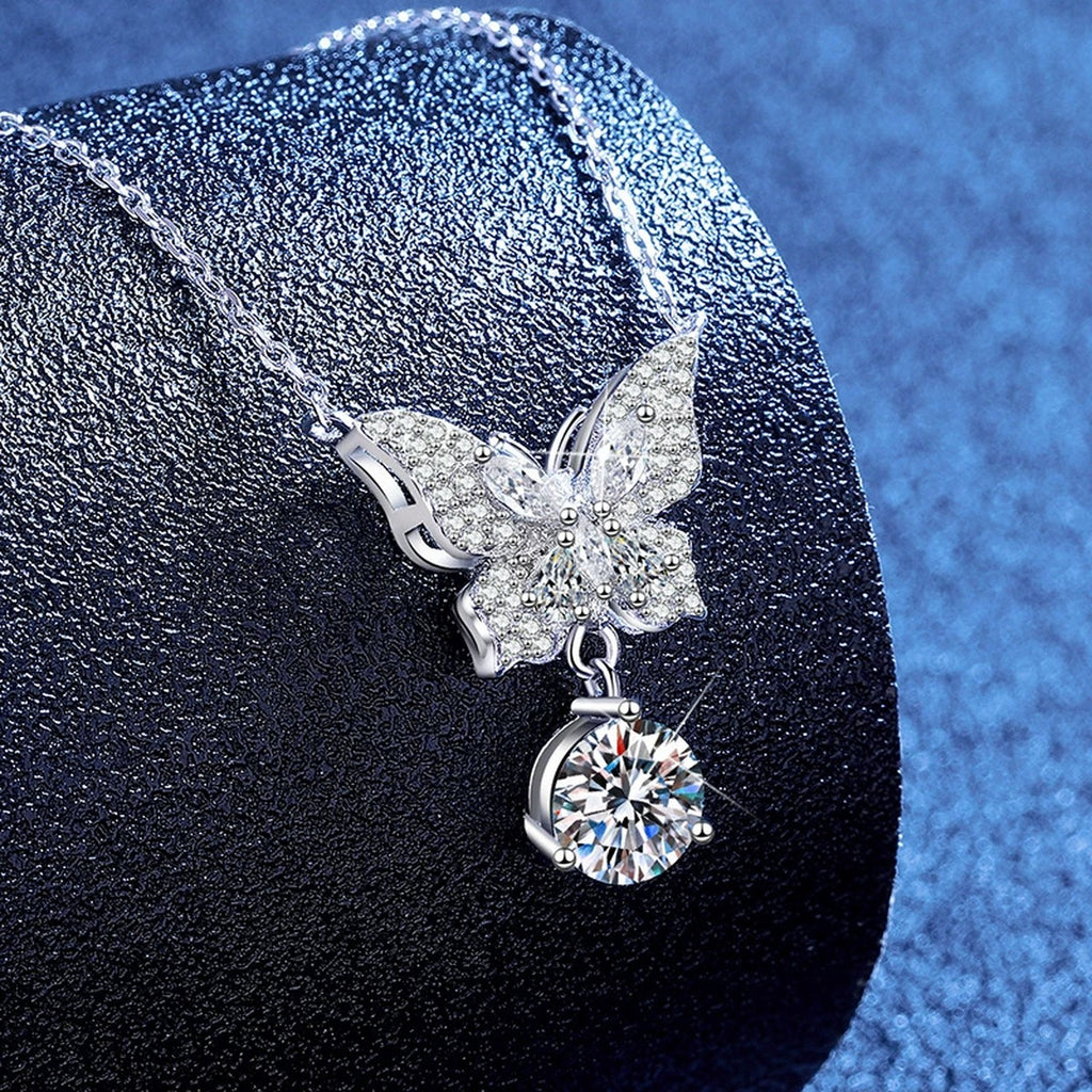 Butterfly Moissanite Pendant Necklace with Cubic Zirconia in Platinum-Plated S925 Sterling Silver blue background product view