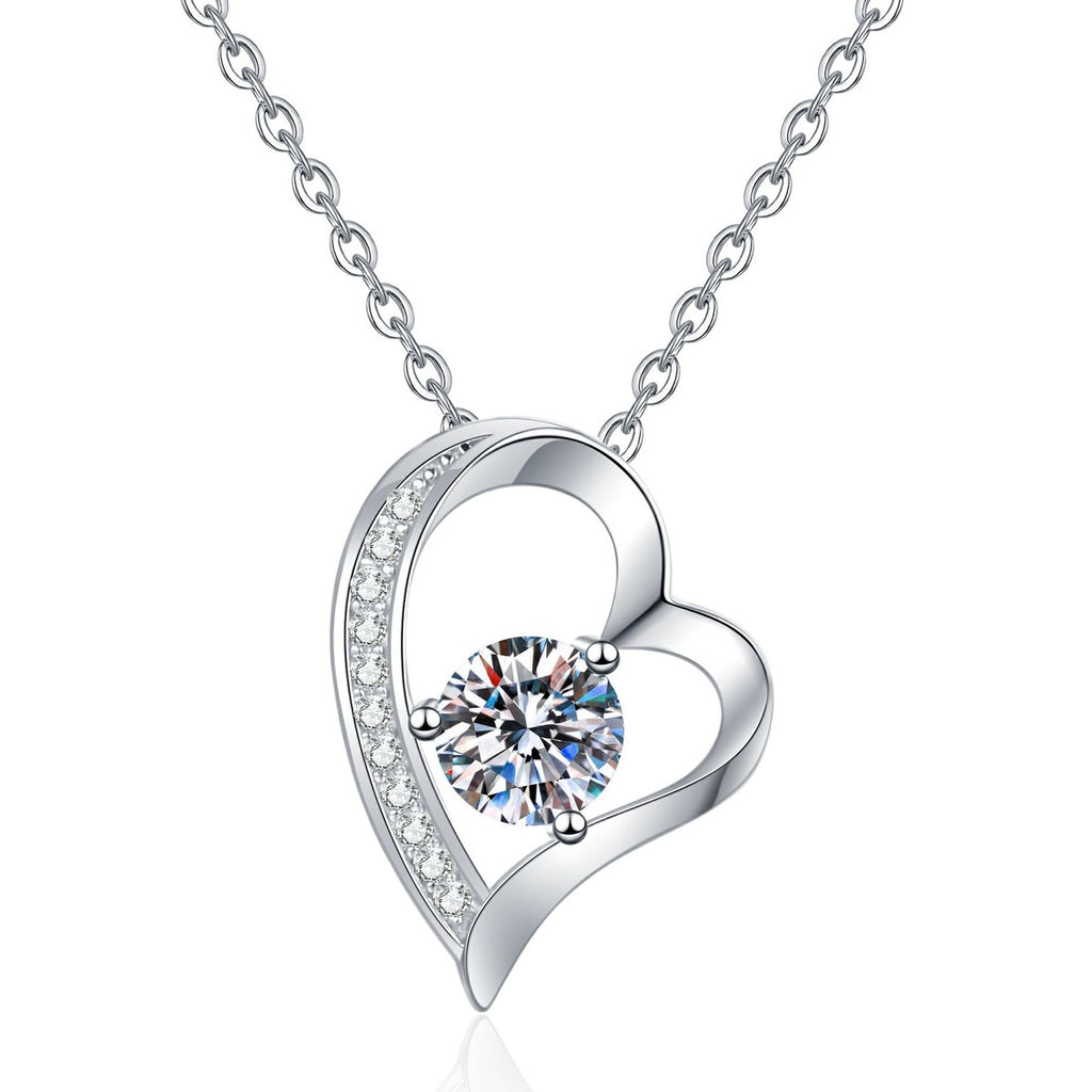 Heart Knot Moissanite Pendant Necklace with Cubic Zirconia in Platinum-Plated S925 Sterling Silver on clean white background showing the heart-knot pendant with a round moissanite focal stone