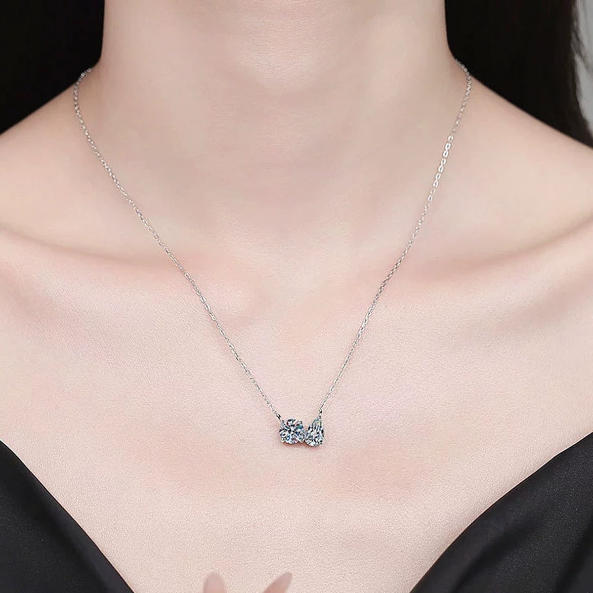 Crown Moissanite Collar Necklace in Platinum-Plated S925 Sterling Silver worn on neckline by model