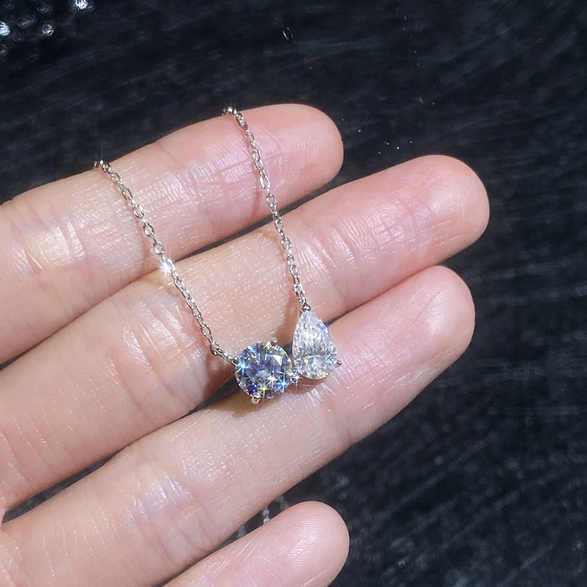 Crown Moissanite Collar Necklace in Platinum-Plated S925 Sterling Silver worn on neckline by model