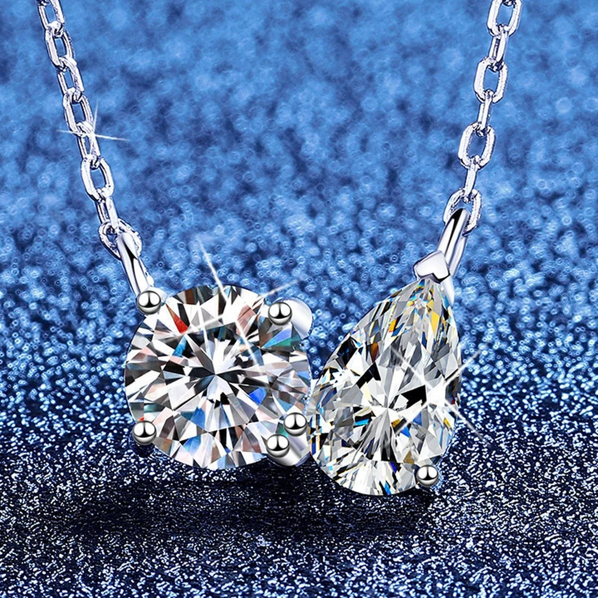 Crown Moissanite Collar Necklace in Platinum-Plated S925 Sterling Silver blue background angled view