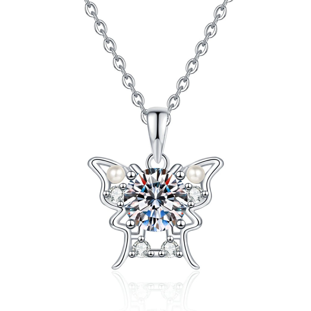 Floral Moissanite Pendant Necklace with Cubic Zirconia and Pearl in Platinum-Plated S925 Sterling Silver on clean white background showing the floral cluster pendant with a round moissanite center and pearl detail