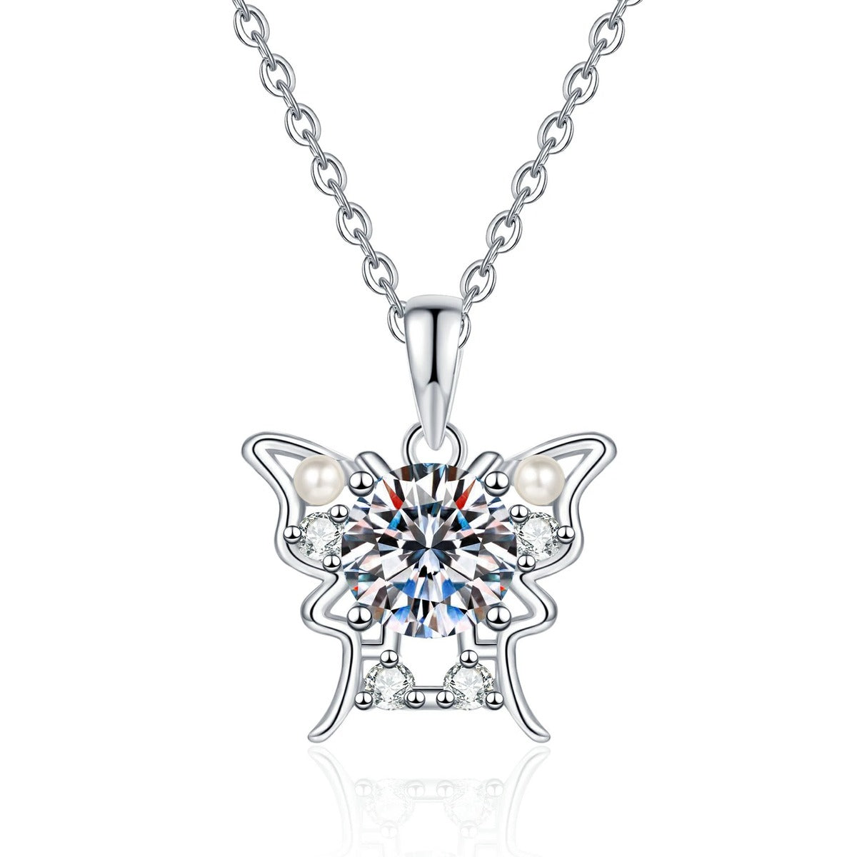 Floral Moissanite Pendant Necklace with Cubic Zirconia and Pearl in Platinum-Plated S925 Sterling Silver on clean white background showing the floral cluster pendant with a round moissanite center and pearl detail