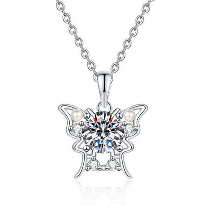 Floral Moissanite Pendant Necklace with Cubic Zirconia and Pearl in Platinum-Plated S925 Sterling Silver on clean white background showing the floral cluster pendant with a round moissanite center and pearl detail